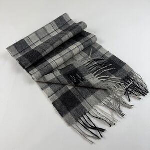 Kiltane Of Scotland  Lambswool Fringe Scarf Black Grey Plaid 11 x 62 Preppy